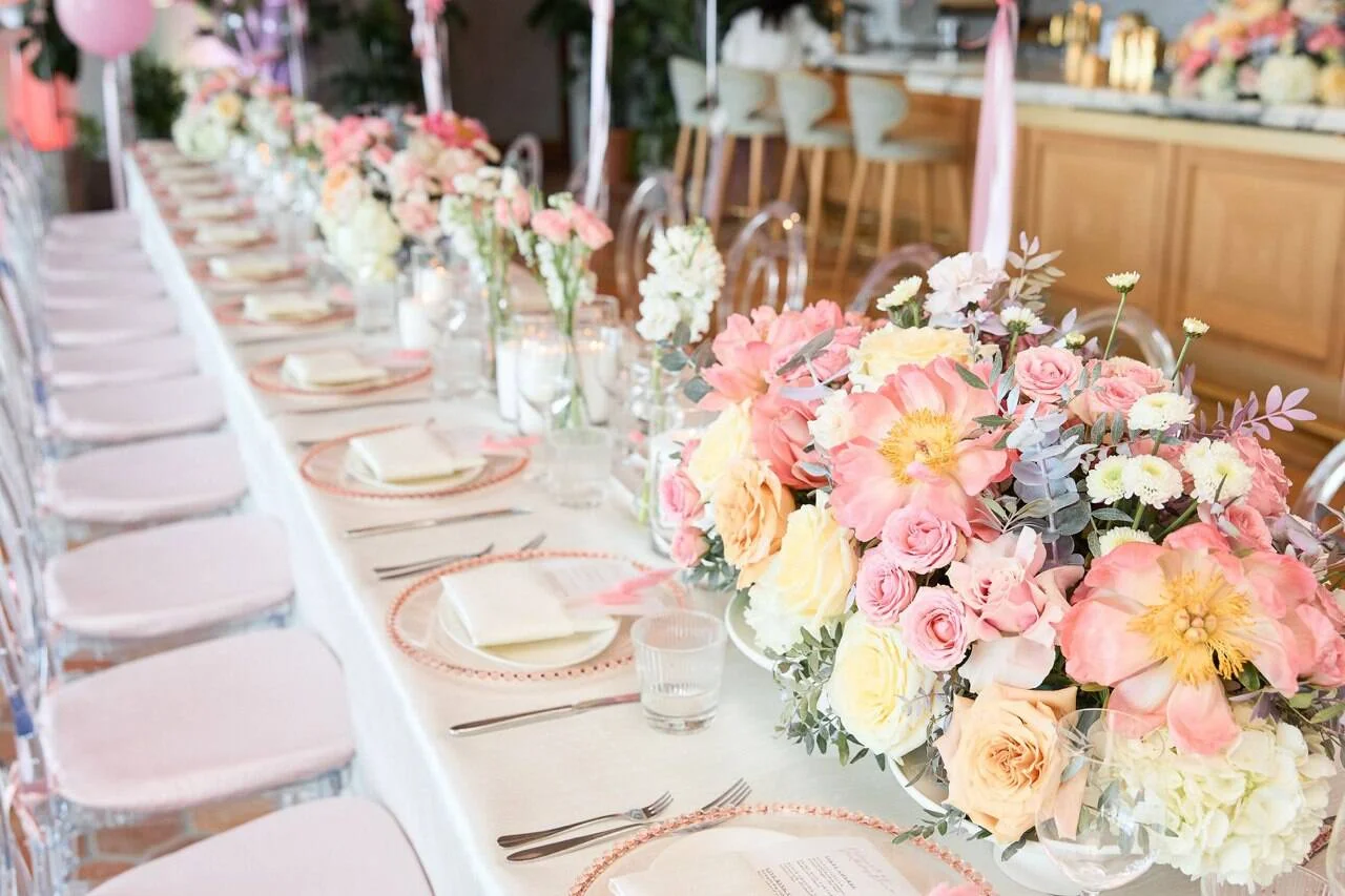 LOULOU HOUSE full buyout with long tablescape, blush florals and ghost chiavari chairs